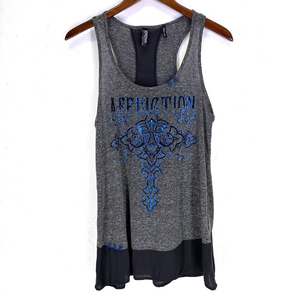 Affliction Woman's Tank Top size S Black Blue Grunge Goth Streetwear Punk Y2K